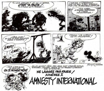 Détail d'une affiche réalisée par Franquin et Delporte pour une campagne d'Amnesty International