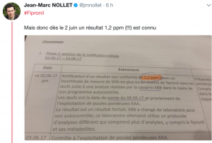 Document attestant de la connaissance par l'AFSCA d'une contamination à 1,2 mg/kg. Produit par le député Nollet en commission parlementaire. Attestant par ailleurs du fait que cette découverte est le fait d'un pur hasard